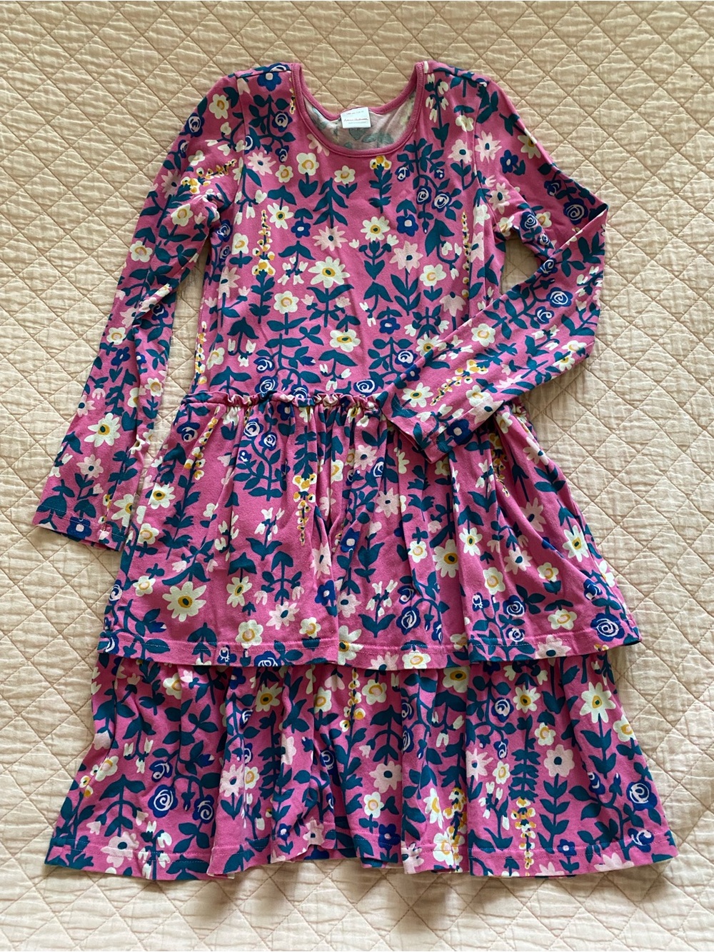 Girls Pink Floral Tiered Long-Sleeve Dress